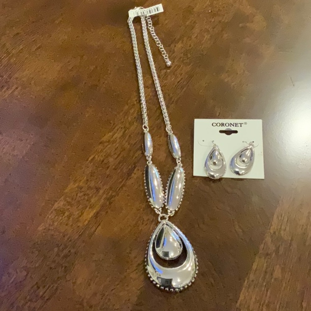 Coronet Ladies Silver Drop Earrings and Adjustable Pendant - NWT